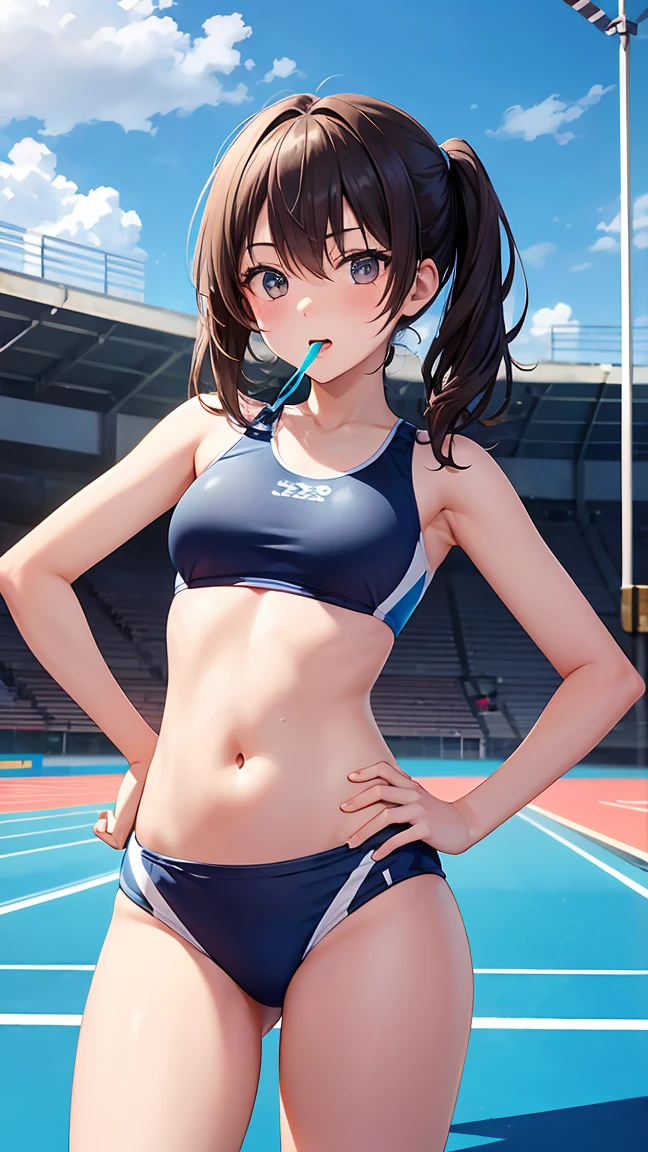 An active 18-year-old girl、Wearing a competitive swimsuit、Mouth open with a surprised expression、Standing with hands on hips、Realistically drawn under a bright athletics track stadium、High resolution images。The water is up to the height of the belly button。