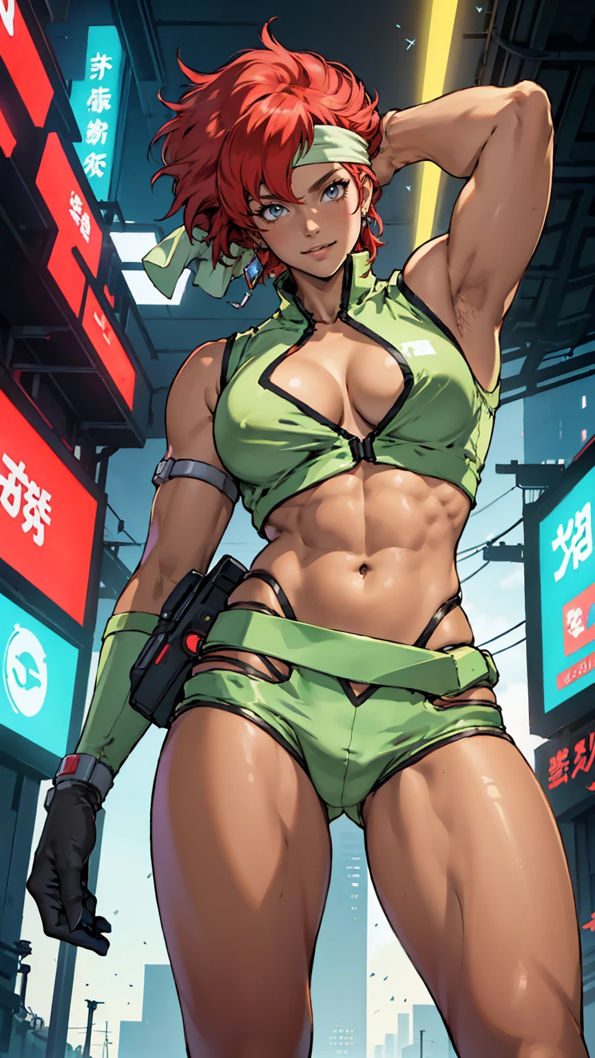 score_9, score_8_up, score_7_up, score_6_up, score_5_up, score_4_up, ((masterpiece, highest quality:1.3)), amazing quality, beautiful details, highly detailed, extremely thin, 16k, exquisite, abs urd, high resolution, beautiful background, detailed background, beautiful eyes, beautiful skin, anime style, dirtypairkei, (((1Girl, solo))), [wicked smile], From below, Dignified behavior, kei from dirty pair wearing white high waisted outfit, cleavage, bushy redhead beauty, white uniform, cameltoe, wearing tight clothing, revealing, (mid chest:1.2), cleavage, cleavage, (muscular body:1.2), abs, obliques, muscular biceps, thin waist, thin thighs, thigh gap, showing belly, skinny, thin hips, (action poses, overreactions), cyberpunk city background, holding retro space gun BREAK Green headband, emerald green headband