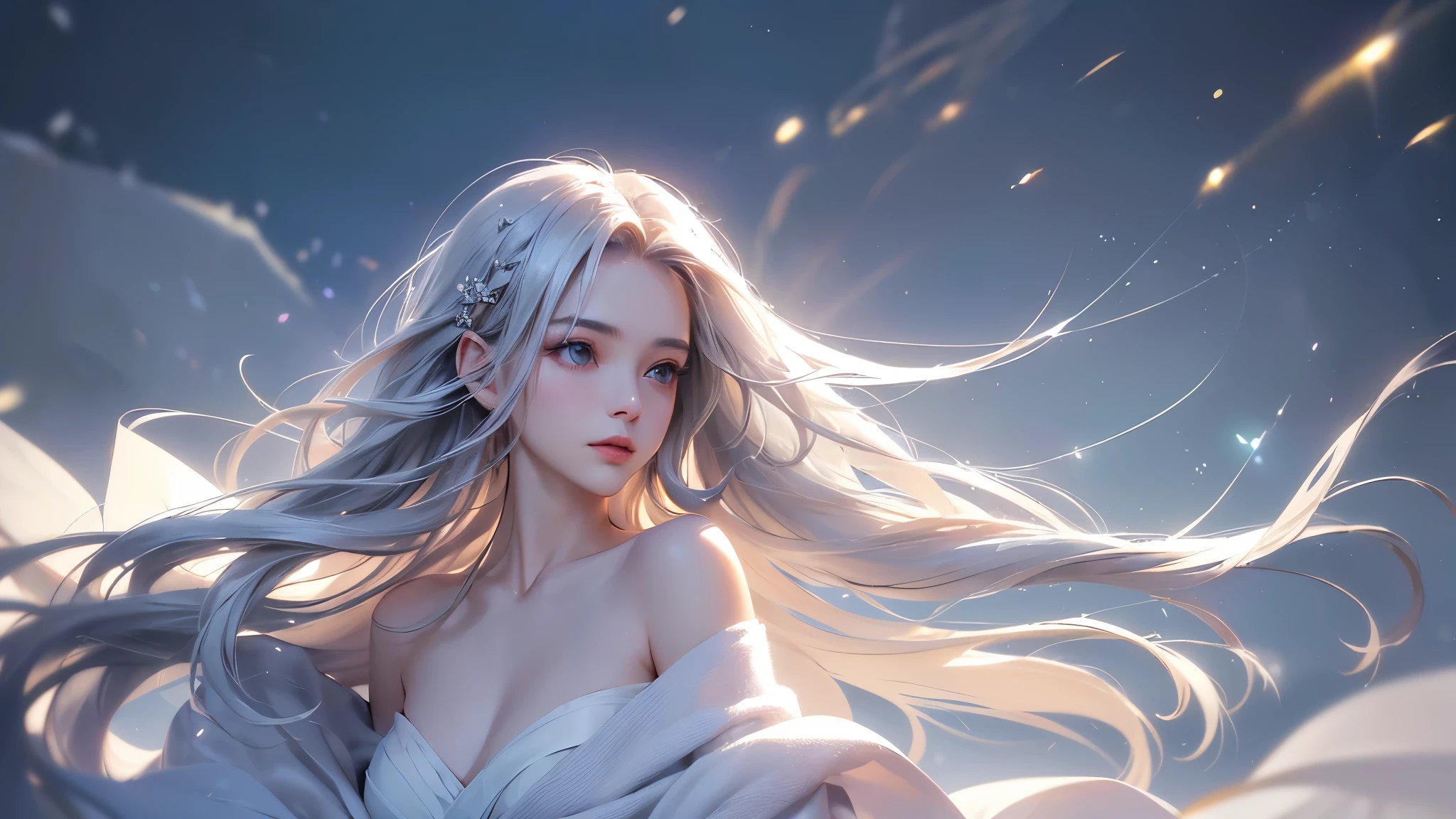 ((masterpiece:1.5、8k、Portraiture、フォトリアリスティックでVery detailedなCG、Very detailed、Particle Effects、Dynamic Effects、Shallow depth of field、Cinematic Light、Lens flare、Ray Tracing、Tabletop、Realistic:1.4、Ultra-high resolution:1.2、Realistic、Realistic))((alone、1 girl,A woman wearing a cashmere coat over an off-the-shoulder dress:1.4、Elegant woman posing、Look Up、Detailed face、bright表情、young, bright, Whiter skin、small breasts、Best Looks、Ultimate beauty、Shiny silver hair with highlights、bright and shiny hair,、Super long, Silky straight hair、Hair dancing in the wind))(morning、The setting is outdoors in the snow、Surrounded by illuminations)Wear warm clothes