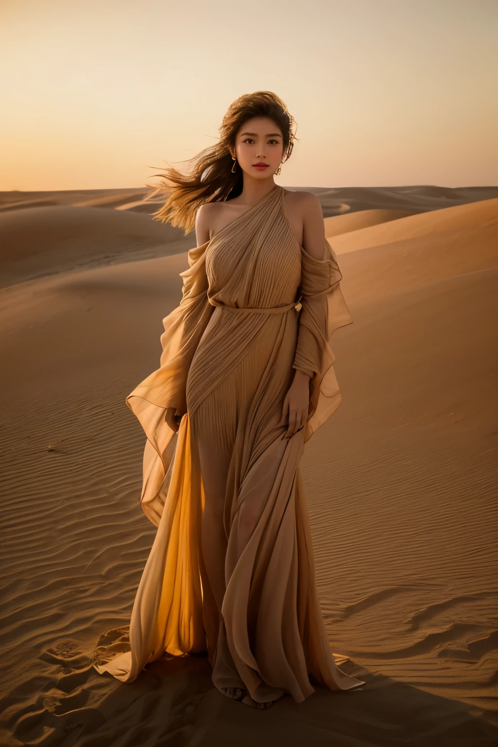 is a mesmerizing artwork that beautifully captures the essence of a dust storm in thedesert. The central figure, a woman with tousled hair in shades of sandy browns, golden yellows, and occasional deep red streaks, is enveloped in the swirling sands, reflecting the desert's colors under a setting sun. Her sun-kissed, warm tan skin is subtly dusted with fine particles of sand, emphasizing her connection to the arid landscape. Her flowing outfit in ochre, burnt orange, and dusty beige hues mimics the shifting sands and the fluid movement of the storm. Intricate patterns on her clothing resemble wind-blown dunes and swirling gusts, while her strong, grounded posture amidst the storm showcases her resil, vibrant, portrait photography, photo