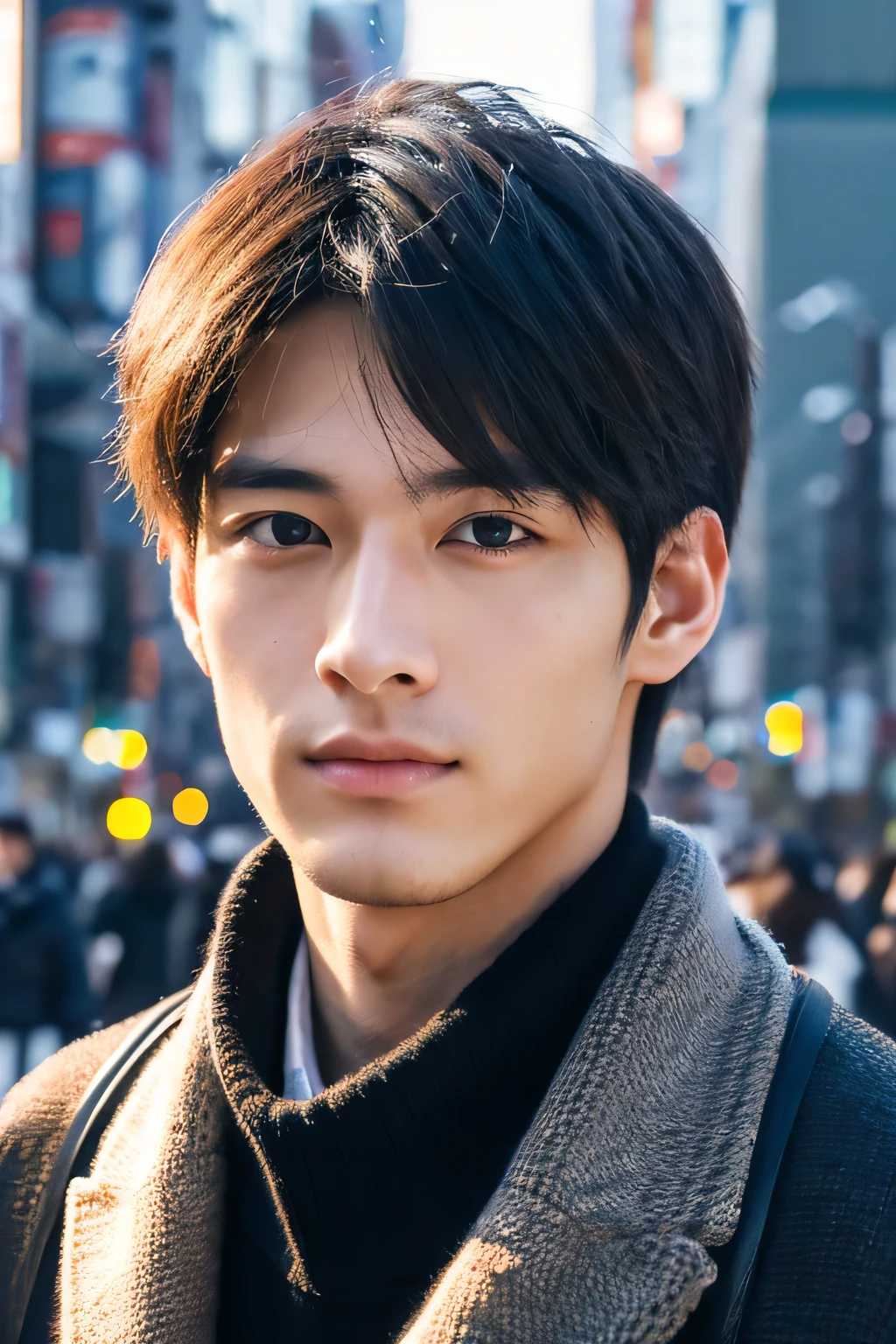 Photorealistic, 8k Full Length Portrait, Handsome, 20-year-old male, Attractive look, Detailed facial details, Tokyo, Winters, Shibuya in the background