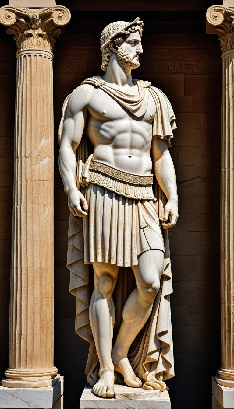 masterpiece, Highest quality, Very detailed, High resolution, High resolution, Realistic, Fine texture, Super Fine, Total concentration, Ancient Greek Art, Marble statue, Intricate details, Classical architecture, Doric column, Parthenon, Ancient pottery, Detailed pattern, Mythological scenes, Greek God々, Warrior in armor, Togas, Loose-fitting robes, Olive wreath, Greek Urn, Historical accuracy, Dramatic Pose, Realistic lighting, Depth of written boundary, Historical background, Detailed Texture, A calming color palette, Epic Scale, Professional, Very detailed, Intricate Design, Volumetric lighting, Cinematic Light, Historical art, Full body portrait, ancient ruins, Beautifully detailed backgrounds, Vivid yet realistic colors.