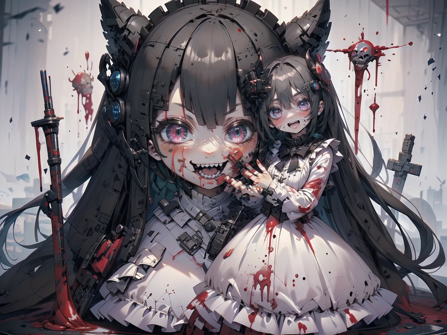 (Highest quality,4K,High resolution,masterpiece:1.2),Very detailed,Realistic:1.37,Spooky altar background,Dark fantasy,Red color scheme,Ominous atmosphere,Eye-catching,Storytelling,anatomy,Anime Style,Concept Art,beautiful細部までこだわった顔と (((Red eyes ))),A terrifying ritual ,Satanic Ritual,Premature death,inappropriate behavior,クレイジーなsmile,Scythe Face,Girl Monster, beautiful, Delicate facial features, Sharp Eye, Sharp Fangs, pale skin, Thick chain, Dark Background, Cinema Lighting, Dramatic Shadows, Gothic style, Gloomy atmosphere, Dark fantasy, One Girl, , Please open your mouth wide, Open your mouth and baring your teeth,Sharp teeth like a beast, Wide lips, very wide mouth, Vermilion cheeks, ,(Blood splatter:1.4),Scary smile, smile,Fallen angel design, Twisted smile、Bloody、bleeding from the head,,,,,、Blood splatter、,(Blood splatter:1.4),Crossbones, skull,Horror Style, ((Fantasy Fallen Angel Costume)), ((Flowing black hair)), ,(Blood splatter:1.4),Female curves, Sexy flat stomach, Perfect hands, Perfect anime face, ((White ****ta Dress)), Are standing, ((邪悪なsmile)), ,(Blood splatter:1.4), Steam circulates, Moonlight Illumination, night lighting, disaster々new devil horns,,(Blood splatter:1.6),アニメFallen angel design, Twisted smile、Bloody、bleeding from the head,,,,,、Blood splatter、,(Blood splatter:1.4),Crossbones, skull,Gothic architecture、Western architecture、Fantasy World、,Victorian cities, Skeleton Gas Light,Absurd, High resolution、 ((Tabletop)), ((Highest quality)), (Very detailedな), ((Very detailed)), (beautiful), ((pretty girl)), (NFSW:1.8), alone,(10 years old:1.6)、(world&#39;The most terrifying and creepy demon girl:1.5)beautiful face、Whole Body Ezbian、pale, Beautiful Skin、beautiful黒の髪、Smiling Kindly、Dark building ruins、(snow white&#39;Frill dress:1.3)、(The dark ruins are stained with blood:1.3)、Low angle full body shot、(少女は血の海の中にAre standing:1.5)、(The ground is full of blood:1.3)、(The girl lost a lot of blood...:1.3)、)、(クレイジーなsmile:1.6)、Spirits、(Blood dripping from the mouth:1.3)