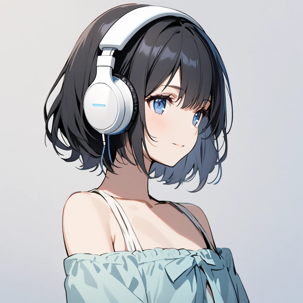 beautiful 1girl, solo, gentle smile on her face flat chest, short hair, black hair, beautiful blue eyes, young, adult woman, blank background, while wearing wireless white headphones, face only