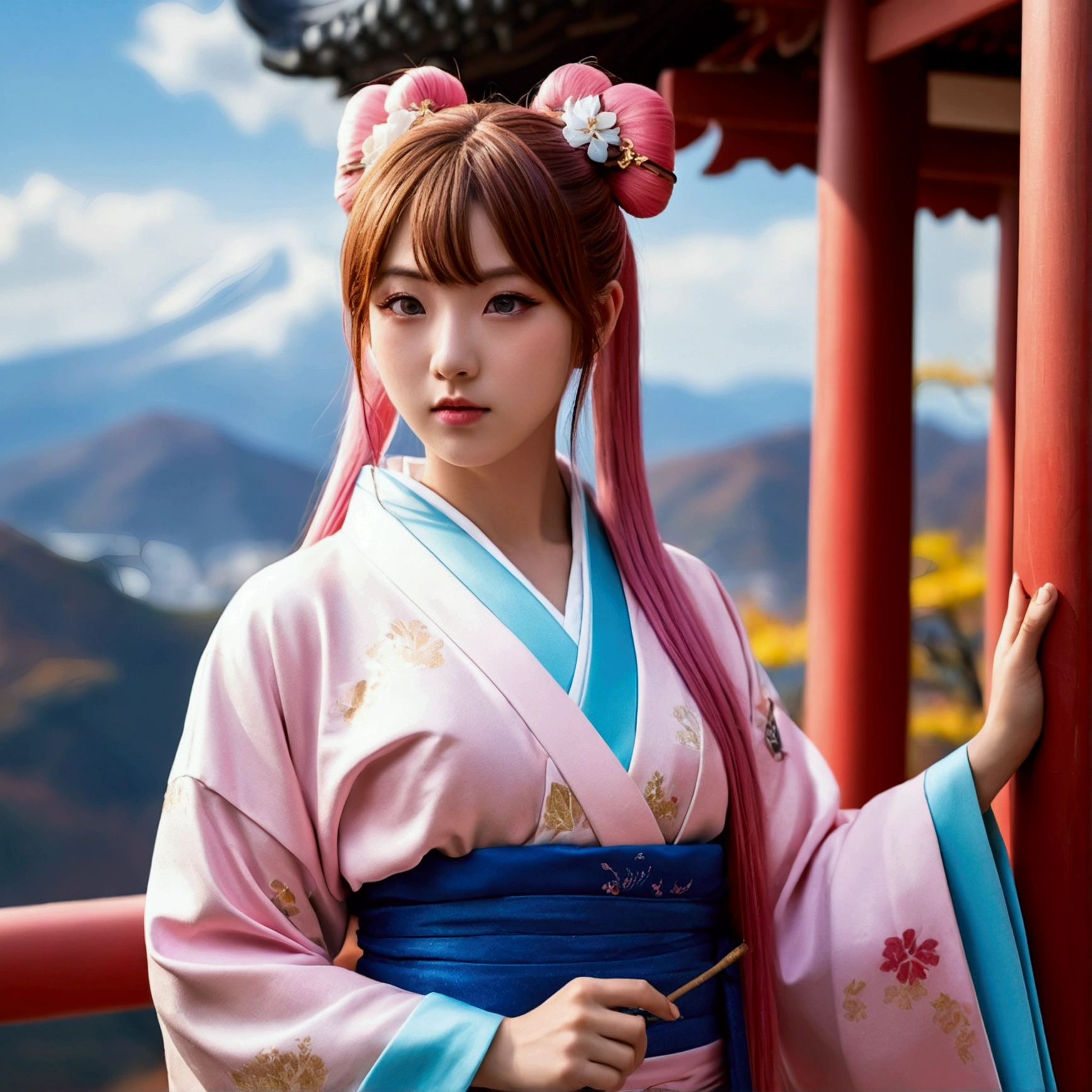 (masterpiece), (Highest quality), (Very detailed), (Dirty Hair), (figure), (1 girl) (Long Pink Hair 1.5) (blue eyes) (Double Ponytail 2.0), ((((No shoulders))),Hanfu, (Looking at the audience, (interview), (Simple Background), Beautiful and delicate eyes, Delicate and beautiful face, Soar (High saturation), (Colorful Glitter), Colorful bubbles, (Glitter), Facial accents, Perfect NwsjMajic, Conservative dress, No shoulders, Autumn Clothes, Facing the Public, Perfect figure,Airi Azuki.Kimono nude,Highest quality, Realistic, 8k, High resolution, 1 girl, woman, nice, (White Background: 1.82)), ((Big round breasts, Sleeveless white T-shirt: 1.75)), Straight Viewer: 1.8, (1 girl Eyes, Medium length hair, Brown Hair, Parted bangs : 1.65), Realistic, (bokeh), (Mouth closed: 1.46), nice, Pure Eros Face_v1Bending over, stooping,(Highest quality), masterpiece, Highly detailed CG uniform 8K illustrations, High collar, extremely High collar saturation, All the colors have deepened, paint, Graffiti art, Center Configuration, Highly detailed lights and shadows, Graffiti wall, wall painted bright, A girl's graffiti A girl is staring at the wall, Highly detailed face and eyes, Medium length hair, Sportswear, Colored clouds super huge mountain、The Alps、Nice views、Wonderful nature、Fantasy、Huge waterfall、High resolution、Highest quality、Masterpiece, Highest quality,One girl, Long Hair, hair bow, , alone, hair band, bird, Black Hair,pants, bangs, red hair band, arms, chest, Brown eyes, colorful kimono, Confused, A light smile, Official Art, Good composition, Official pose, detailed Portraiture, Portraiture, bokeh, Clouds and mountains background, warrior,, High resolution, Dramatic lighting and shadows, Solar flare, Blurred foreground 24k,High quality masterpiece, landscape, cloud, Bright starry sky. Traveler, Romantic Light, sexy pose , Concept Art, Lofi Art Style, reflection. Roffie Art, Beautiful , Detailed landscape — width 672, Enhanced Details. change, Leprechaun,A woman in a kimono holding a folding fan and a uchiwa fan, Traditional Japanese, Japanese style, Japanese Goddess, glamorous and sexy geisha, Traditional beauty, in kimono, geisha, beauty geisha, Inspired by , traditional geisha clothing,