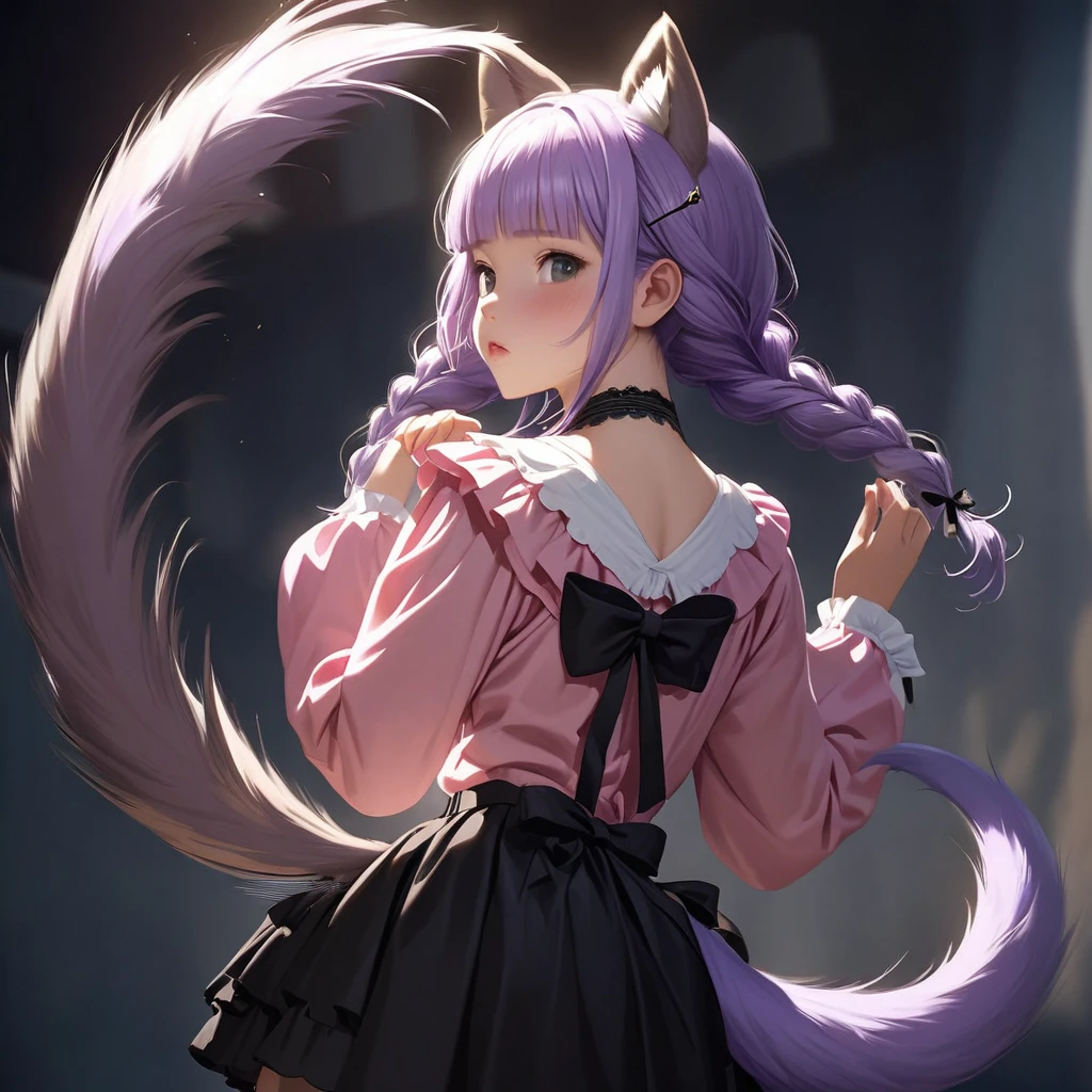 (Cute a girl:1.5), (a girl with closs hair pin, pale purple hair, wavy two braids, blunt bangs hair, green and black eyes, closs hair pin,
pink shirt,cosplay, jirai kei, bangs, black skirt, black bow, looking at viewer, bow, long sleeves, choker, ribbon, with brown dog ears,:1.4), anime visual, (tilt head:1.3), realistic lighting and shading, (an extremely delicate and beautiful art:1.3),From behind, looking back and wagging its tail.cowboy shot,