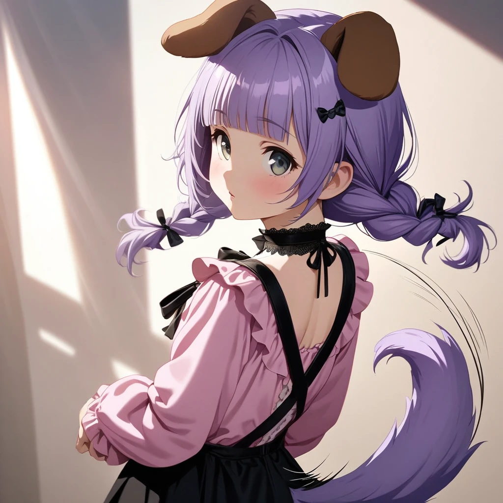 (Cute a girl:1.5), (a girl with closs hair pin, pale purple hair, wavy two braids, blunt bangs hair, green and black eyes, closs hair pin,
pink shirt,cosplay, jirai kei, bangs, black skirt, black bow, looking at viewer, bow, long sleeves, choker, ribbon, with brown dog ears,:1.4), anime visual, (tilt head:1.3), realistic lighting and shading, (an extremely delicate and beautiful art:1.3),From behind, looking back and wagging its tail.cowboy shot,