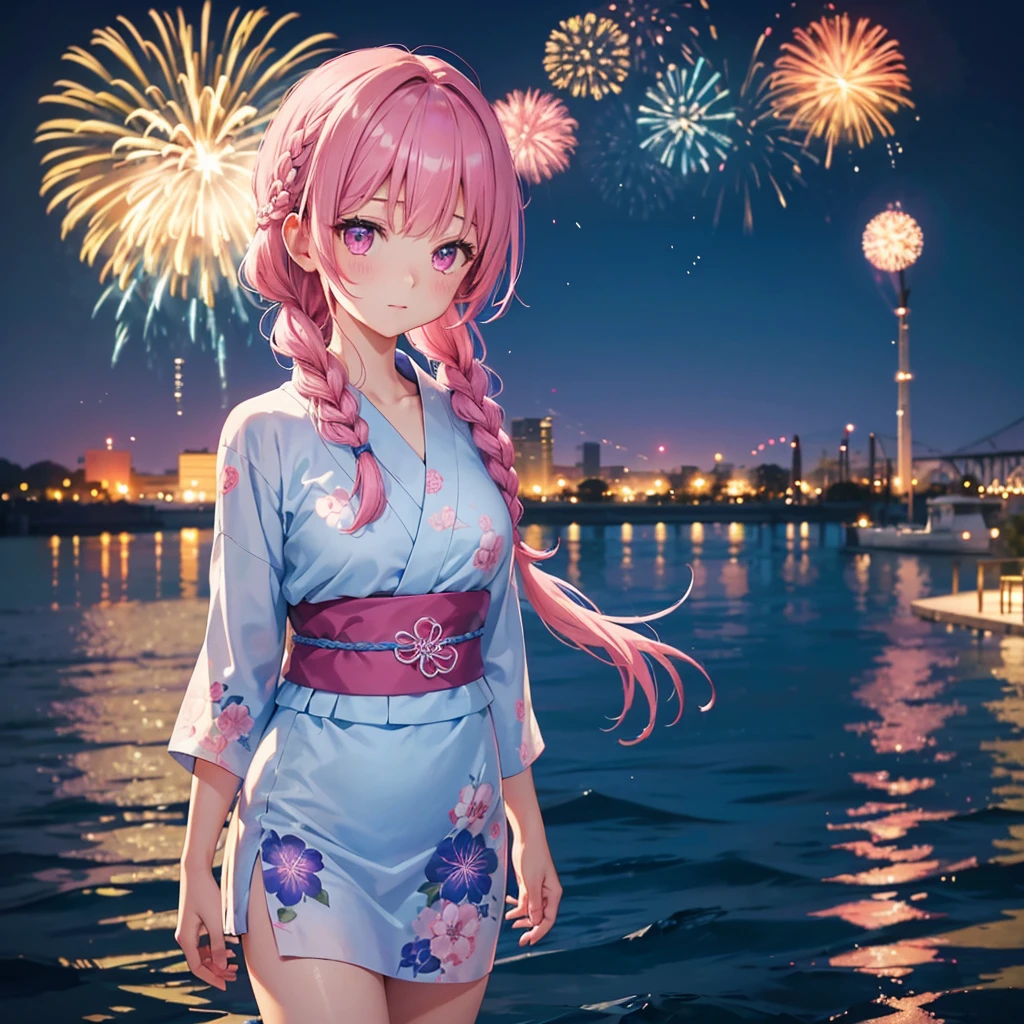 Sky Blue Medium Hair, (Braided hair),(Pink Eyes),Fair skin ,(whole body),(1 girl)、Floral Yukata、summer night、Fireworks on the lake、Big fireworks、Straight bangs,(masterpiece, Highest quality, Very detailed, Best Shadow), (Detailed Background), (Beautifully detailed face), High Contrast, (Best lighting, Very delicate and beautiful), ((Cinematic Light)), colorful, Hyper Detail 8k, Dramatic Light, Intricate details,Fireworks light reflected on the water