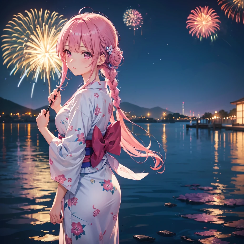 Sky Blue Medium Hair, (Braided hair),(Pink Eyes),Fair skin ,(whole body),(1 girl)、Floral Yukata、summer night、Fireworks on the lake、Big fireworks、Straight bangs,(masterpiece, Highest quality, Very detailed, Best Shadow), (Detailed Background), (Beautifully detailed face), High Contrast, (Best lighting, Very delicate and beautiful), ((Cinematic Light)), colorful, Hyper Detail 8k, Dramatic Light, Intricate details,Fireworks light reflected on the water