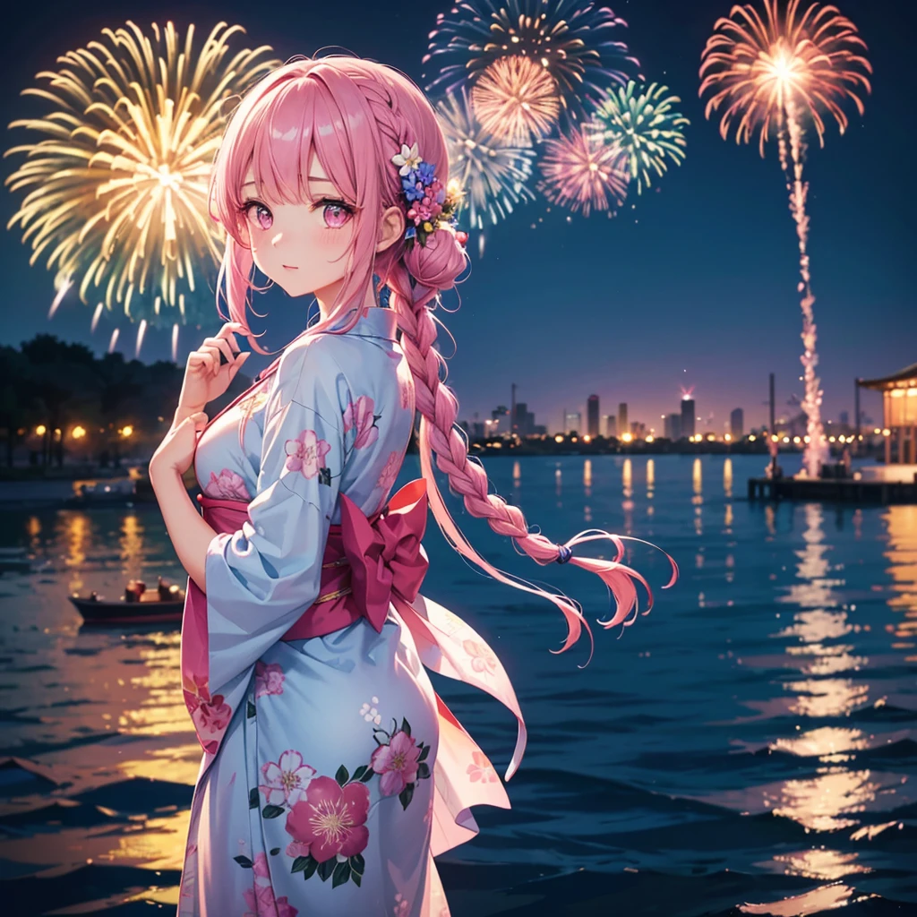 Sky Blue Medium Hair, (Braided hair),(Pink Eyes),Fair skin ,(whole body),(1 girl)、Floral Yukata、summer night、Fireworks on the lake、Big fireworks、Straight bangs,(masterpiece, Highest quality, Very detailed, Best Shadow), (Detailed Background), (Beautifully detailed face), High Contrast, (Best lighting, Very delicate and beautiful), ((Cinematic Light)), colorful, Hyper Detail 8k, Dramatic Light, Intricate details,Fireworks light reflected on the water