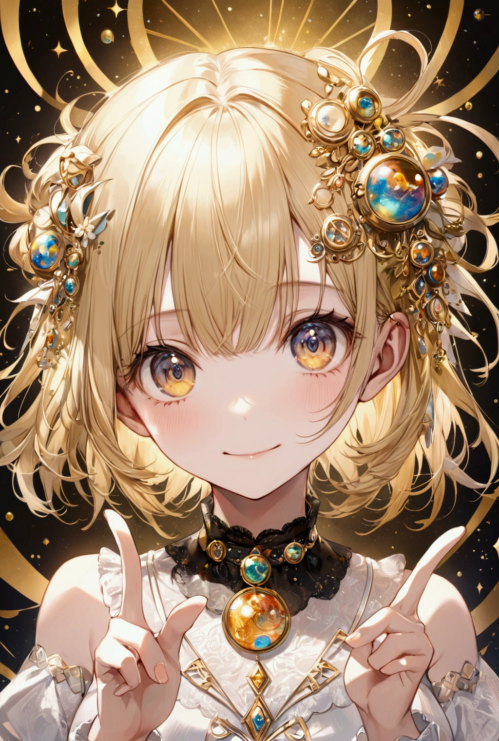 (Highest quality, 8k, 32K, masterpiece, Ultra-high resolution,:1.2),to be born, One Girl,So cute , hair ornaments, eye,Multicolored Hair,Upper Body,Blonde,dress, collar,Multicolored background, 金色のeye, 金色のeye,bangs, Blonde,Medium Hair,An innocent smile, Making a peace sign, A fantasy background reminiscent of an electronic world,black