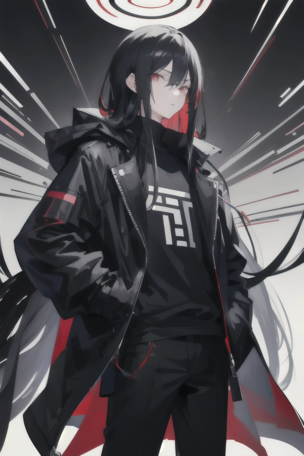 1 Boy,Maximum+beautiful+meticulous_Face,Maximum+beautiful+meticulous_Eye,Upper part of the body,Cyberpunk Background,Solid background,sketch,Solid Color,A man wearing a black shirt and black hooded jacket,Simple style,穿着Casual Wear装,boots,Milk and black style,黑色Eye影现代时尚连帽外套,Casual modern clothing,inspiration , Japanese cartoons,Black clothes, Coat jacket, Neutral tones, Black and white color scheme, Casual Wear, 可怕的Face,, 18 years old, Adult faces, Long hair, ((Black Hair)),Highlights for different hair types