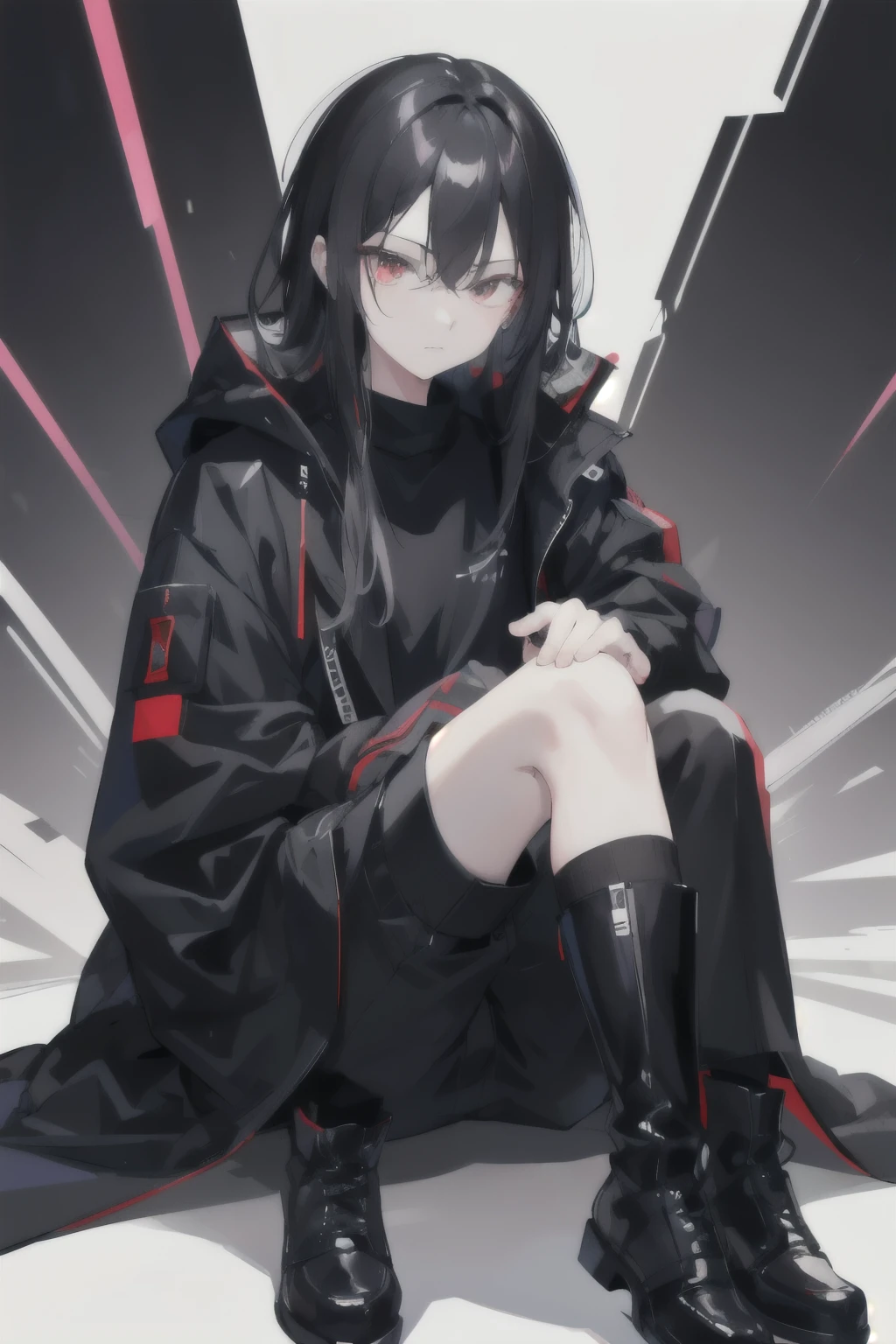 1 Boy,Maximum+beautiful+meticulous_Face,Maximum+beautiful+meticulous_Eye,Upper part of the body,Cyberpunk Background,Solid background,sketch,Solid Color,A man wearing a black shirt and black hooded jacket,Simple style,穿着Casual Wear装,boots,Milk and black style,黑色Eye影现代时尚连帽外套,Casual modern clothing,inspiration , Japanese cartoons,Black clothes, Coat jacket, Neutral tones, Black and white color scheme, Casual Wear, 可怕的Face,, 18 years old, Adult faces, Long hair, ((Black Hair)),Highlights for different hair types