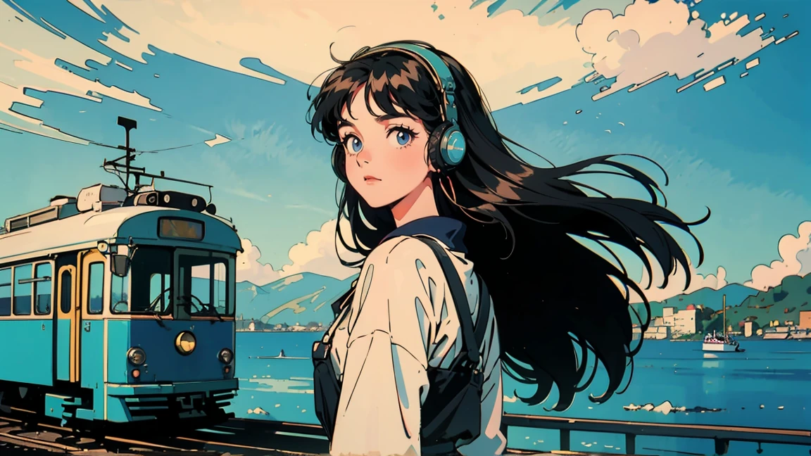 A coastal railway scene with a green and yellow tram stopped at a crossing. Blue sea and sky with white clouds in the background. In the foreground, a 21-year-old girl with long hair in 1980s style, wearing white clothes that beautifully contrast with the blue sky. She's wearing headphones and looking back towards the viewer, standing in front of the tram. The overall color palette has a retro, nostalgic feel.