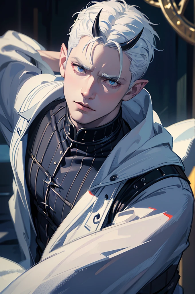a muscular man with very short white hair, dark blue eyes, very pale skin, dark blue horns, horns, pointy ears, wearing ornate fantasy armor, dramatic lighting, dark blue and gray color palette, highly detailed, intricate, cinematic camera angle, dramatic mood, (best quality,4k,8k,highres,masterpiece:1.2),ultra-detailed,(realistic,photorealistic,photo-realistic:1.37)