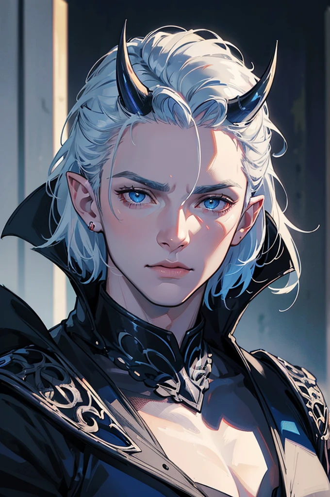 a muscular man with very short white hair, dark blue eyes, very pale skin, dark blue horns, horns, pointy ears, wearing ornate fantasy armor, dramatic lighting, dark blue and gray color palette, highly detailed, intricate, cinematic camera angle, dramatic mood, (best quality,4k,8k,highres,masterpiece:1.2),ultra-detailed,(realistic,photorealistic,photo-realistic:1.37)