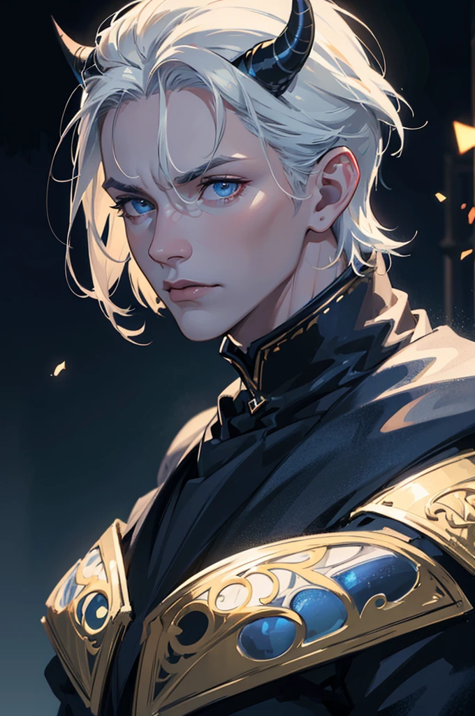 a muscular man with very short white hair, dark blue eyes, very pale skin, dark blue horns, horns, pointy ears, wearing ornate fantasy armor, dramatic lighting, dark blue and gray color palette, highly detailed, intricate, cinematic camera angle, dramatic mood, (best quality,4k,8k,highres,masterpiece:1.2),ultra-detailed,(realistic,photorealistic,photo-realistic:1.37)