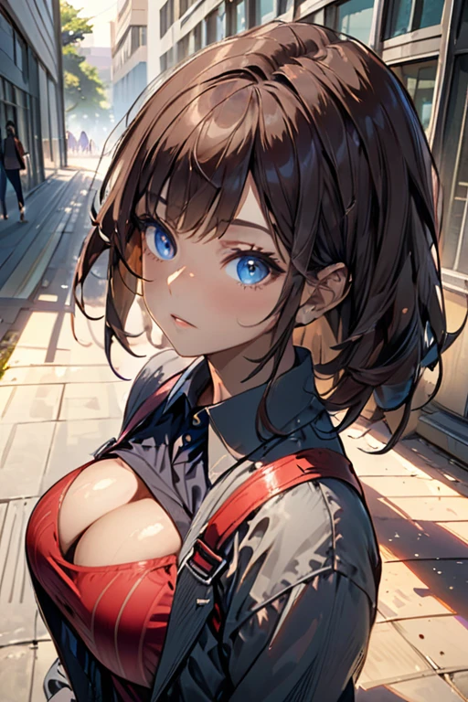 college woman; Strikingly attractive; Long, dark brown hair; blue eyes; Slender figure with large bust; stuck-up; confident; standing in front of a busy college campus; best quality; soft blur background; trending on artstation; complex volumetric lighting; strong shadows; artistic lighting; dynamic; energetic vibe; realistic skin; specular highlights; micro-textures; highly detailed hair; contour drawing; wearing stylish smart casual