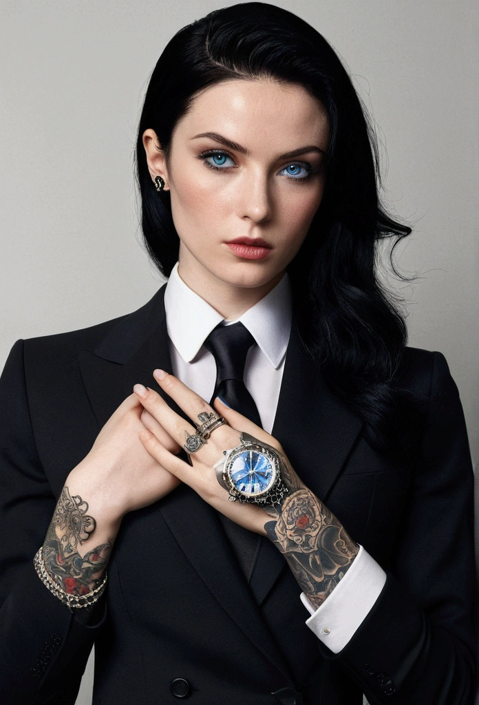 This British mafioso is a remarkable and enigmatic figure. Her black hair is neatly combed back, Highlighting her extraordinarily clear blue eyes, that seem to attract the attention of everyone around them. Her pale skin gives her a mysterious look, while his hand tattoos whisper secrets about his entanglement in the underworld. He wears a tailored black suit, Emphasize your slimness, Elegant figure. On his wrist is a Rolex, And on the finger a ring.