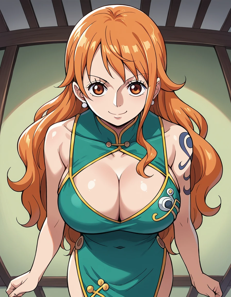 score_9, score_8_up, source_anime, best quality, nami, NAAmi, orange hair, orange eyes, long hair, large breasts, standing, looking at viewer, black china dress, dynamic angle, smile, indoor, cowboy shot