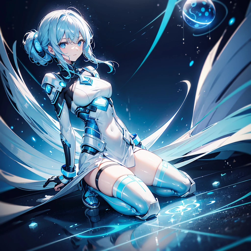 ((Holographic glow effect)),8k, Highest quality, (real:1.4), Original photo, 1 girl, Asari Hair, Biological Amplifier, Very sleek and futuristic armor, posture: Peace talks between warring factions,,attention arousal, smart blue eyes,A modest smile,Knee-high boots,Patent-look blue tights,Blue big moon and blue light swirl in the background,Blue light from behind,blue light magic,A small, glowing blue ball in the palm of your hand,Blue flame swirl,Blue Comet,Polished floor,