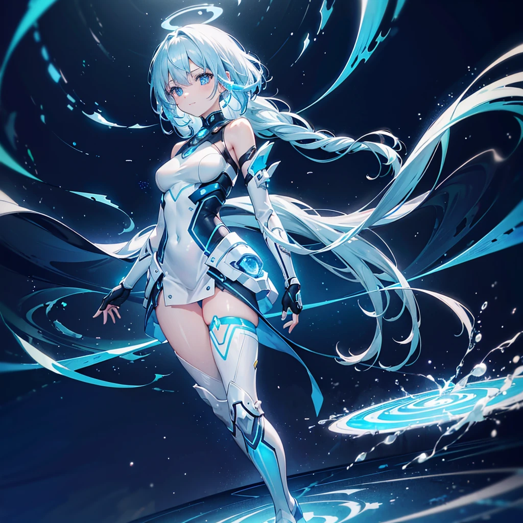 8K, Highest quality, (real:1.4), Original photo, 1 girl, Asari Hair, Biological Amplifier, Very sleek and futuristic armor, posture: Peace talks between warring factions,,attention arousal, smart blue eyes,A modest smile,Knee-high boots,Blue big moon and blue light swirl in the background,Blue light from behind,blue light magic,A small, glowing blue ball in the palm of your hand,Blue flame swirl