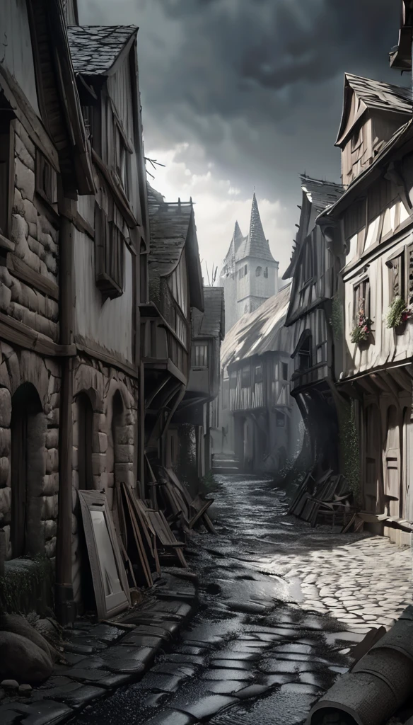 a man suffering from the black plague in a medieval setting, a sick man with boils and lesions, ripped and dirty clothes, lying on the ground, desolate village in the background, gloomy and overcast sky, (best quality,4k,8k,highres,masterpiece:1.2),ultra-detailed,(realistic,photorealistic,photo-realistic:1.37),extremely detailed face and body, high contrast lighting, muted color palette, cinematic composition, dramatic lighting, dark and moody atmosphere, gritty and realistic, medieval architecture, cobblestone streets, abandoned buildings