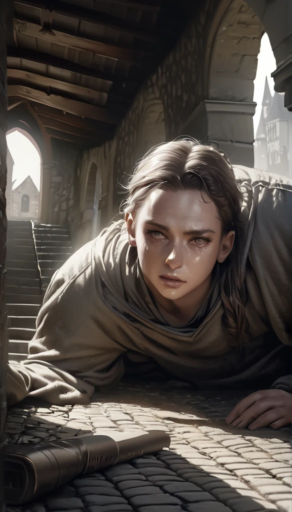 a man suffering from the black plague in a medieval setting, a sick man with boils and lesions, ripped and dirty clothes, lying on the ground, desolate village in the background, gloomy and overcast sky, (best quality,4k,8k,highres,masterpiece:1.2),ultra-detailed,(realistic,photorealistic,photo-realistic:1.37),extremely detailed face and body, high contrast lighting, muted color palette, cinematic composition, dramatic lighting, dark and moody atmosphere, gritty and realistic, medieval architecture, cobblestone streets, abandoned buildings