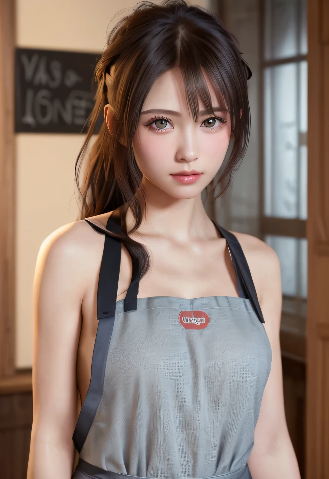 8K, of the highest quality, masutepiece:1.2), (Realistic, Photorealsitic:1.37), of the highest quality, masutepiece, Beautiful young woman, Pensive expression, Gentle eyes, Apron naked、Lovers、Hair tied back, Messy mood, Cinematic background,  Light skin tone