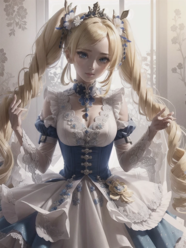hair ornament, extreme details, twintails, masterpiece, genshin_impact,blue_eyes,blonde_hair,barbara \(genshin impact\)
