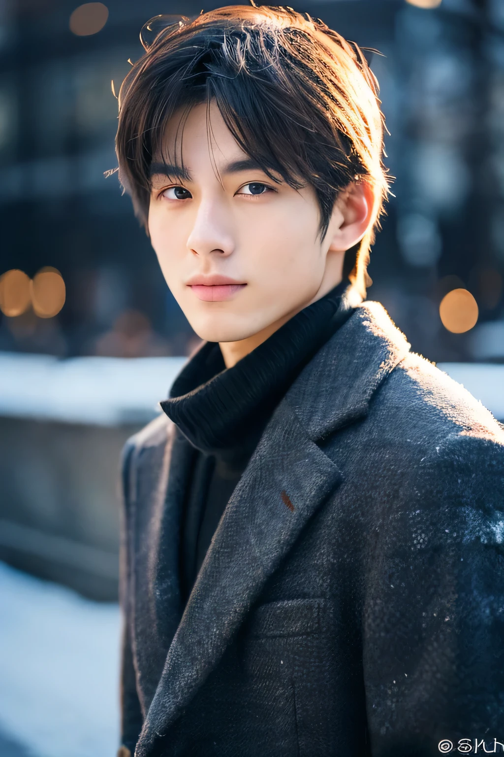 Photorealistic, 8k Full Length Portrait, Handsome, 20-year-old male, Attractive look, Detailed facial details, Tokyo, Winters, Shibuya in the background