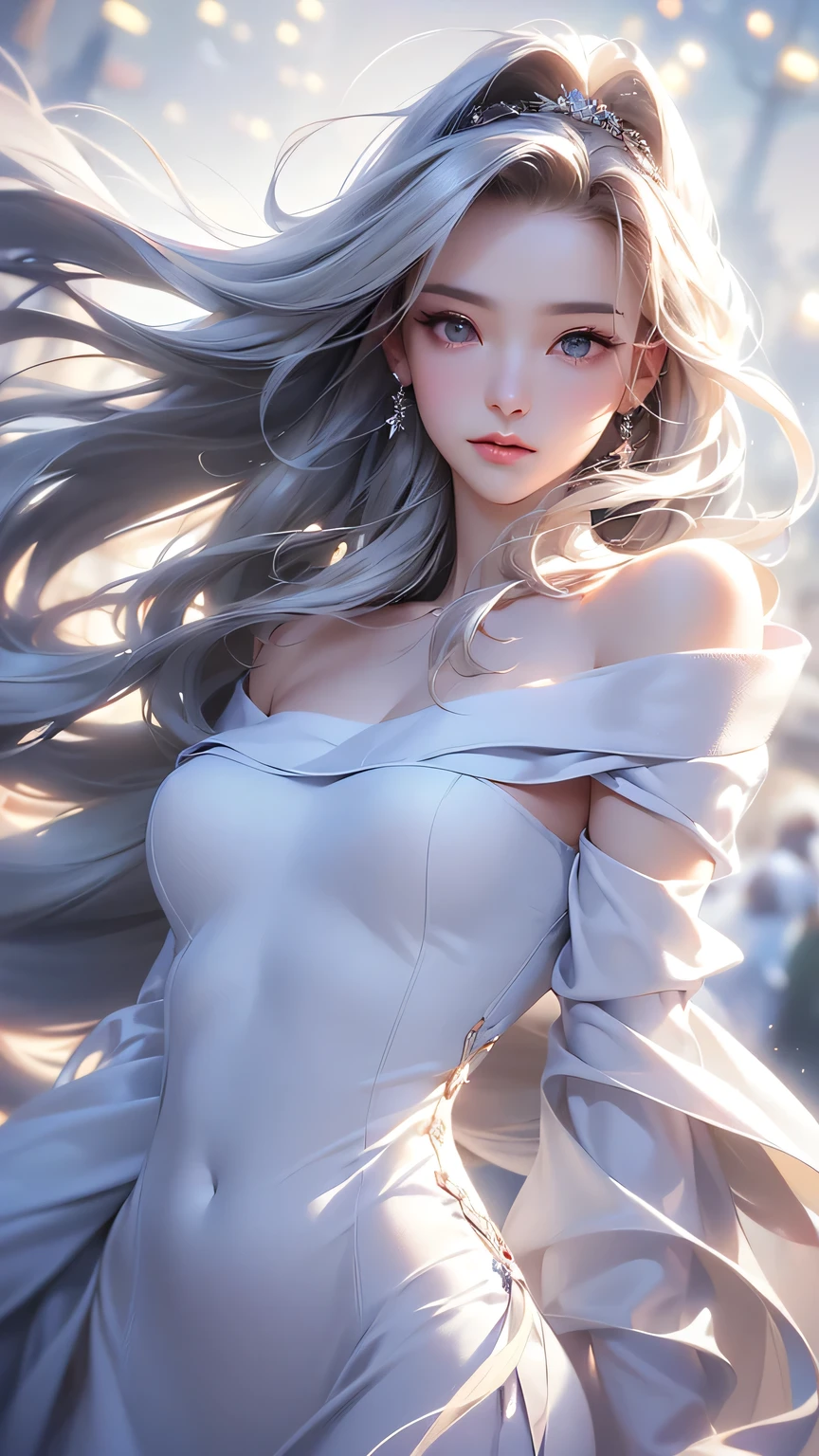 ((masterpiece:1.5、8k、Portraiture、Photorealistic and very detailed CG、Very detailed、Particle Effects、Dynamic Effects、Shallow depth of field、Cinematic Light、Lens flare、Ray Tracing、Tabletop、Realistic:1.4、Ultra-high resolution:1.2、Realistic、Realistic))((alone、Off-the-shoulder clothing、Cashmere coat:1.4、Elegant woman posing、look up、Detailed face、brightexpression、young, bright, Whiter skin、small breasts、Beautiful cleavage、Best Looks、Ultimate beauty、Shiny silver hair with highlights、bright and shiny hair,、Super long, Silky straight hair、Hair dancing in the wind))(morning、The setting is outdoors in the snow、Surrounded by illuminations)from front
