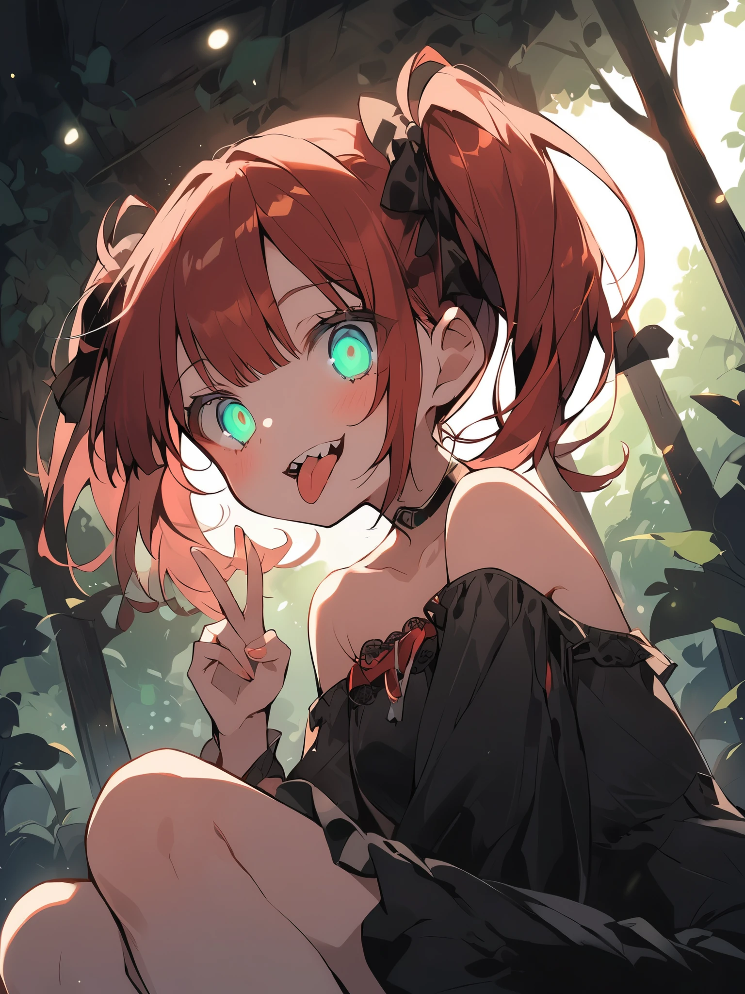 first-class、Illustrated style、Beautiful girl alone、Sit down、Looking up from below、tall、Sticking out tongue、Jagged teeth、Peace sign with both hands、Reddish brown hair in half-pigtails、Big emerald eyes、Slanted eyes、Off-the-shoulder black dress、Dimly lit room、Sunlight filtering through the trees