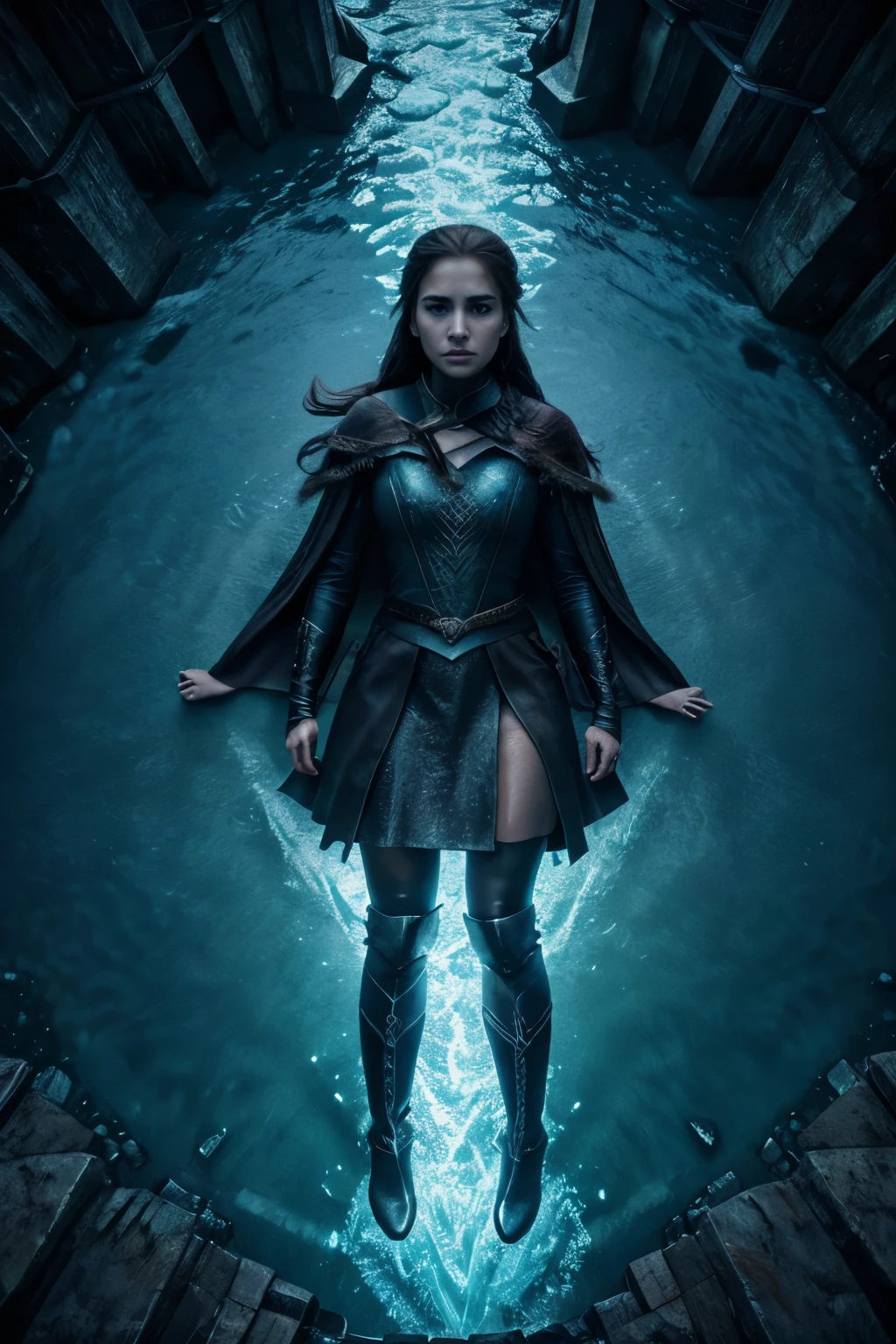 Hd wallpaper, glowing arcs and metalic light chains of  in frozen surface of the lake, top view photography in the style of cinematic poster and high clarity, in the style of game of thrones, unpleasant, horror, terrifying look, uhd, 8k resolution, balanced, high dynamic range colour, indian girl 