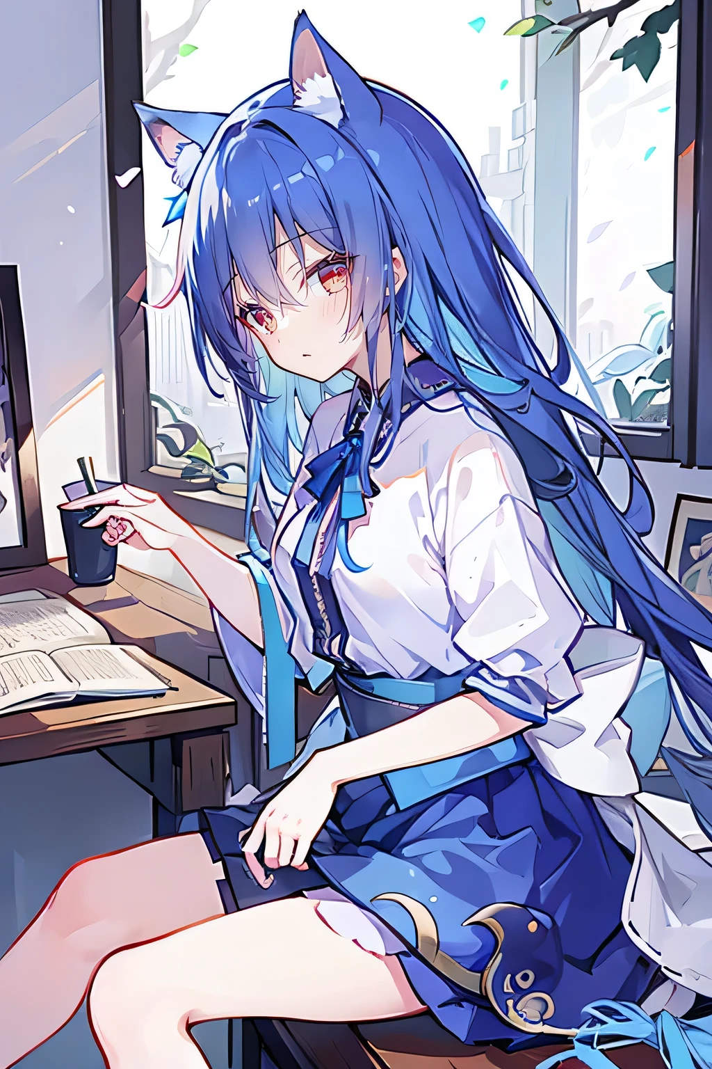 (Masterpiece:1.2),Ultra-detailed,lifelike,The eyes are expressive,Fair skin,Perfect face shape,1 girl,
Japanese Manga,Gorgeous blue hair,Flowing blue hair,Flowing clothes,Cat ears,Petals falling,Beautiful Lola,little angel,
Cross your legs,Gentle and peaceful background,Smile,Wearing a sweatshirt,Tokyo background,background,heavy snow,冬天 on window sill drinking coffee and looking out the window