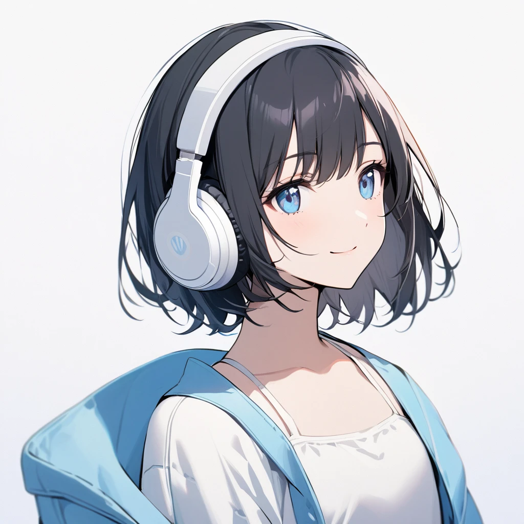 beautiful 1girl, solo, gentle smile on her face flat chest, short hair, black hair, beautiful blue eyes, young, adult woman, blank background, while wearing wireless white headphones, face only