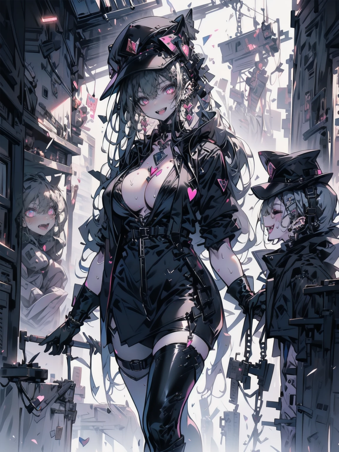 Mature beautiful woman,(Highest quality,Extremely detailed depiction,Incredible high resolution,Anatomically accurate depiction,Curvy Legs),(Glowing Skin,Glowing Skin,Oilskin),(Female leader of an evil organization),(Intricate latex military costume,military hat,military cloak,villain mask,Leather thigh high,Long gloves,Leather Choker,Luxury Accessories,Black Pantyhose),eyelash,Flashy makeup,eye shadow,eyeliner,mascara,(Glowing pink eyes,Crazy Eyes,Eyes half closed:1.3,There is cleavage in the chest,Wicked Smile,Large Breasts,Glossy lipstick,Shadowed face,Seductive gestures),Sweat,whole body