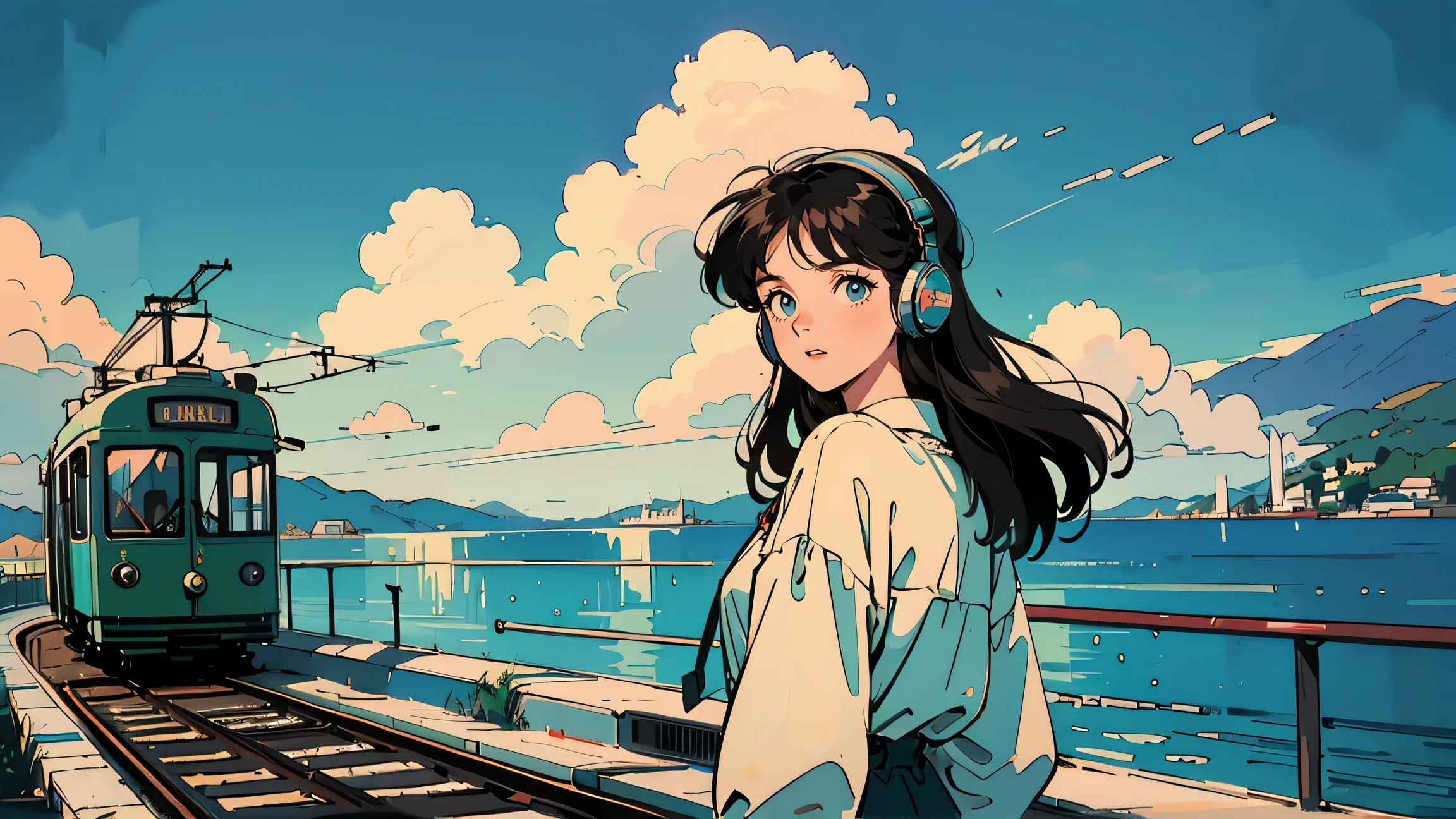 A coastal railway scene with a green and yellow tram stopped at a crossing. Blue sea and sky with white clouds in the background. In the foreground, a 21-year-old girl with long hair in 1980s style, wearing white clothes that beautifully contrast with the blue sky. She's wearing headphones and looking back towards the viewer, standing in front of the tram. The overall color palette has a retro, nostalgic feel.