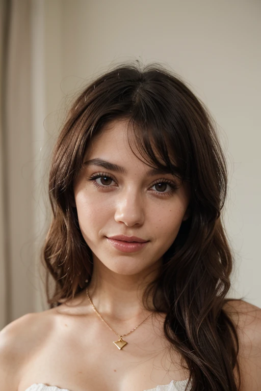 A vibrant and expressive 23-year-old Spanish female with a captivating aura. She has a heart-shaped face with a fair complexion, complemented by her piercing dark brown eyes that sparkle with a blend of curiosity and intelligence. Her shoulder-length black hair cascades in soft waves, framing her face and accentuating her high cheekbones and gently curving jawline. A hint of a smile plays on her full, naturally pink lips as she gazes slightly to the side, inviting the viewer to wonder about her thoughts. The woman's eyebrows are elegantly shaped, emphasizing the arch and giving her a look of both confidence and approachability. She wears minimal makeup, allowing her natural beauty to shine through. A delicate gold necklace with a small pendulum