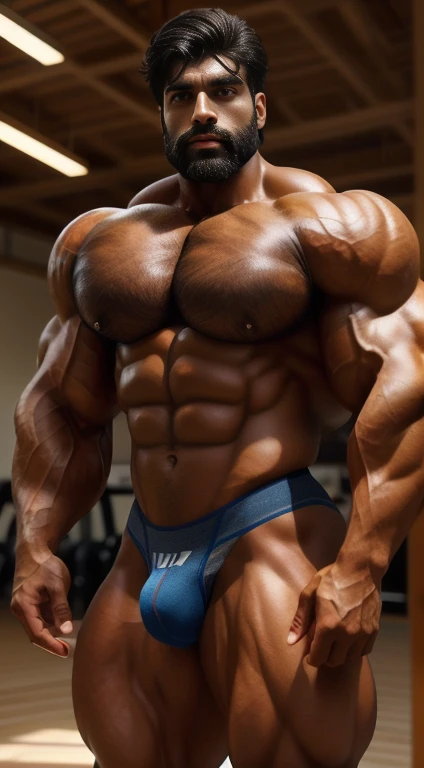 An award-winning original photo, little smiled, dimples, a wild handsome muscular indian man,(beard 25 years old:1.3), 1boy in one photo, Solo, (looking in camera), (tight underwear), standing in gym, from Front view, black hair, (big shoulders), musculature, stubbles, beard, earbuds, Beautiful eyes:1.3, ), (Detailed face:1.3), dimples, (holded penis), Dynamic front Angle view, volumetric lighting, (Best quality, A high resolution, Photorealistic), Cinematic lighting, Masterpiece, RAW photo, Intricate details, hdr, depth of field, upper body, His perfect huge bulge,masterpieces