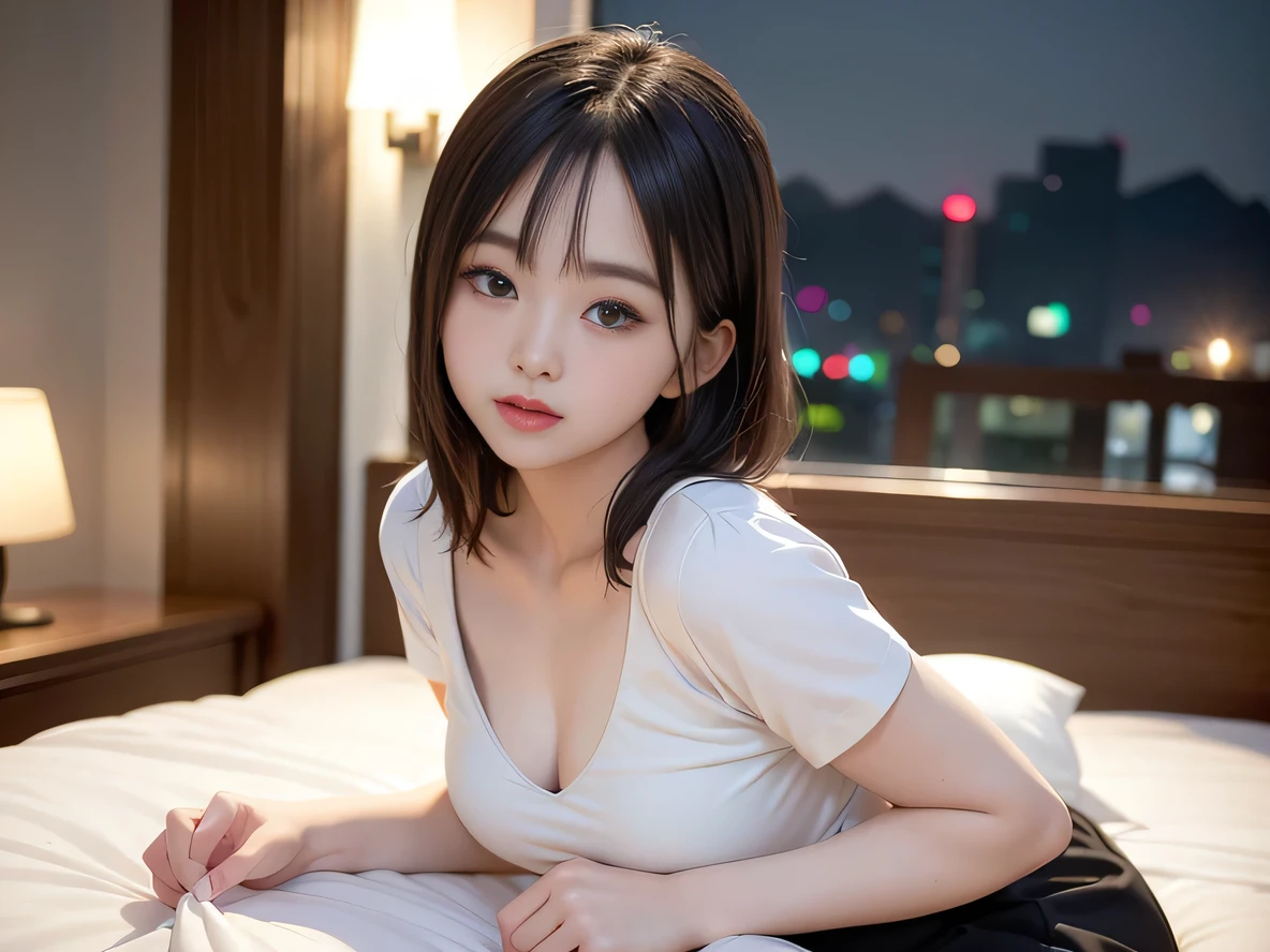 Highest quality, masterpiece, Ultra-high resolution, 8k, RAW Photos, Realistic, Anatomically correct:1.5), 20-year-old girl:1.2, Embarrassing, avert your eyes, blush:1.0, View Viewer, ((Hotel room at night)) 、(Dim lighting)、On the bed、Large windows、Night view、 Light:1.2, Bokeh, Cinema Lighting:1.0, sharp、 Cute Face、Idol、Short sleeve tulle top、Tulle skirt、(Black clothing)、”dwarf”、(Floral clothes)、(Full Body Shot)、Side angle、Cowboy Shot、Sexy pose、 smile、((Ultra short hair、Berry Short))、(Straight bangs)、(( One Girl))、(Waist)、(I can see your thighs)、(Accurate depiction)、((Fuller lips)),Large Breasts、