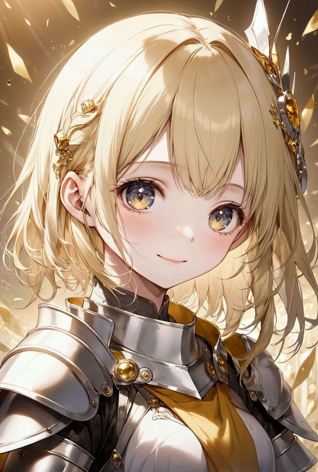 (Highest quality, 8k, 32K, masterpiece, Ultra-high resolution,:1.2),to be born, One Girl,So cute , hair ornaments, eye,Multicolored Hair,Upper Body,Blonde, female knight, Multicolored background, 金色のeye, 金色のeye,bangs, Blonde,Medium Hair,An innocent smile, god々A fantasy background reminiscent of a new electronic world