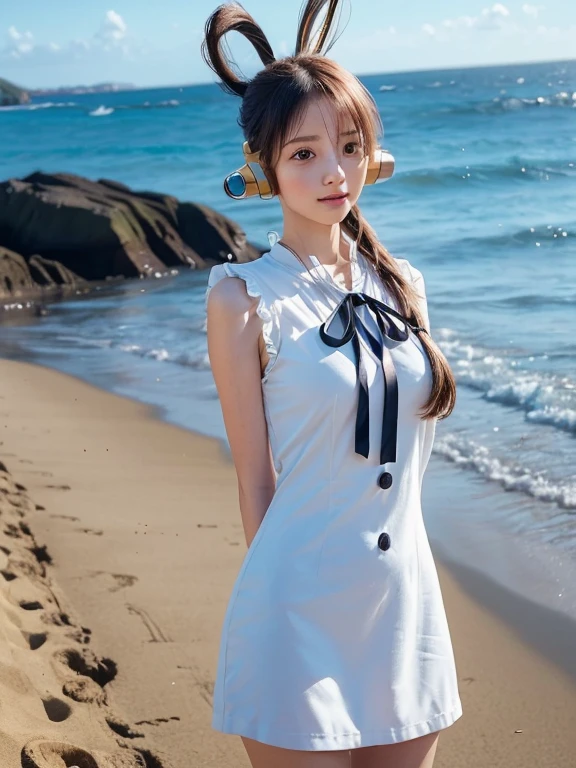 ((highest quality, 8k, masterpiece:1.3)), Detailed eyes, (View from the front), Looking at the camera, ((Everything is Shining、Reflects light:1.2)), (Optimal ratio: Four fingers, One thumb), (Portraiture), (((One Piece Uta))), 1 girl, Cute face, Tilt your head, Half Body Shot, Sitting, Blushing, seiza, Mischievous face, (((Put your arms behind your back))), Confused, Outdoor, Beach, Expressive eyes, Perfect Face, dress, uta, Long Hair, white dress, Headphones, ribbon, Medium chest, neck ribbon, Split Color Hair, Hair on one eye, Twin tails, Hair Ring, black ribbon,
