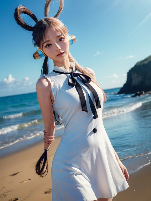((highest quality, 8k, masterpiece:1.3)), Detailed eyes, (View from the front), Looking at the camera, ((Everything is Shining、Reflects light:1.2)), (Optimal ratio: Four fingers, One thumb), (Portraiture), (((One Piece Uta))), 1 girl, Cute face, Tilt your head, Half Body Shot, Sitting, Blushing, seiza, Mischievous face, (((Put your arms behind your back))), Confused, Outdoor, Beach, Expressive eyes, Perfect Face, dress, uta, Long Hair, white dress, Headphones, ribbon, Medium chest, neck ribbon, Split Color Hair, Hair on one eye, Twin tails, Hair Ring, black ribbon,