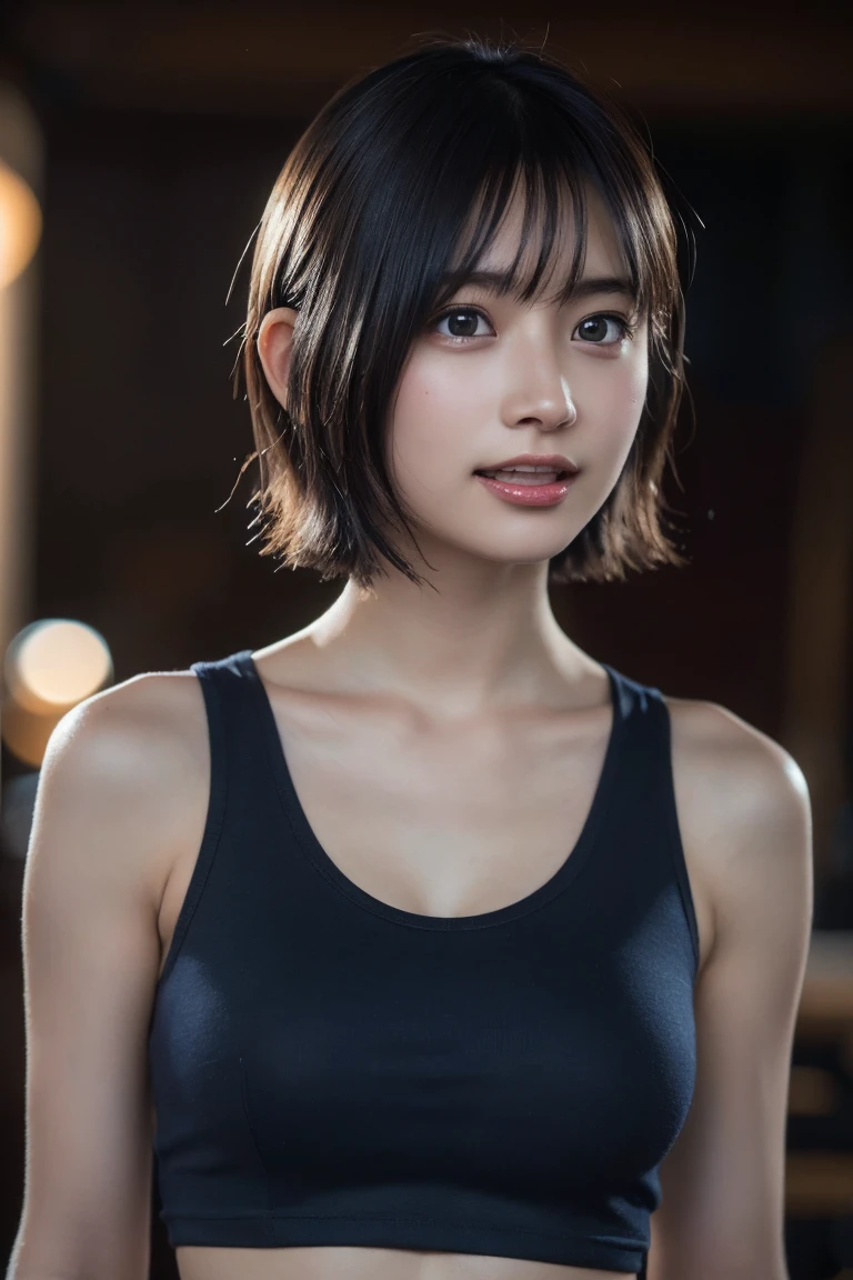 (8K, Raw photo, Highest quality, masterpiece:1.2), (Realistic, Photorealistic:1.37), Ultra-detailed, Ultra-high resolution, 1 girl, Seeing the viewer, Beautifully detailed face, Laughter, narrow, (Slim waist) :1.3), shortcut, Beautifully detailed skin, Skin texture, Dark hair, Short hair, Bob, Professional Lighting, (tank top), Human whole body