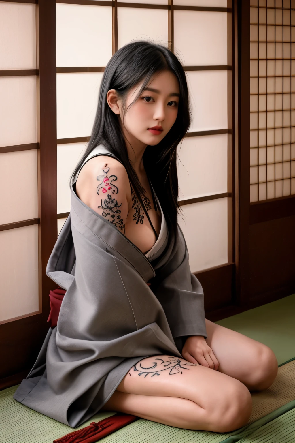 Create a highly detailed of a young woman with short, long black hair, sitting cross-legged in a traditional Japanese wooden room, (tattoos all over the body:1.3), (legs folded: 1.3), showcasing a mix of traditional and modern designs. She is wearing a kimono with a deep neckline, partially revealing her tattoos. Her expression is calm and focused, with a slight blush on her cheeks. The wooden interior, with soft natural light filtering through shoji screens, adds to the serene and contemplative atmosphere.