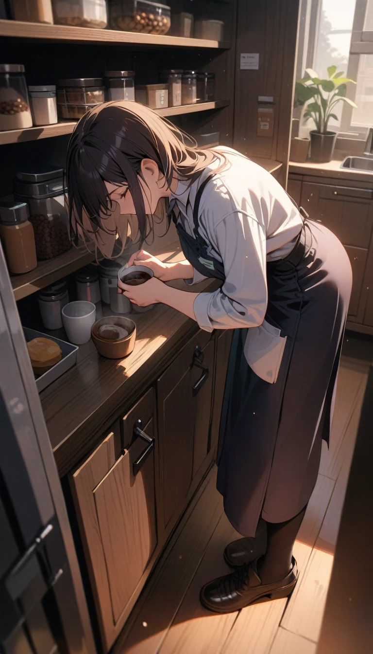 ((best quality)) , ((masterpiece)) , (detailed)，1girl，Female doctor, neck down, holding coffee in hand, in the pantry, green,((full body))