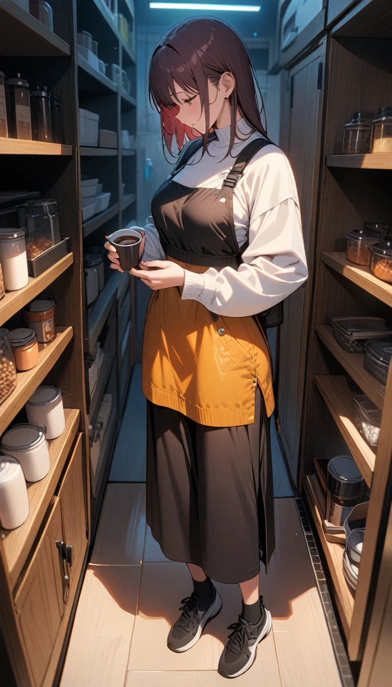 ((best quality)) , ((masterpiece)) , (detailed),1girl,Female doctor, neck down, holding coffee in hand, in the pantry, green,((full body))