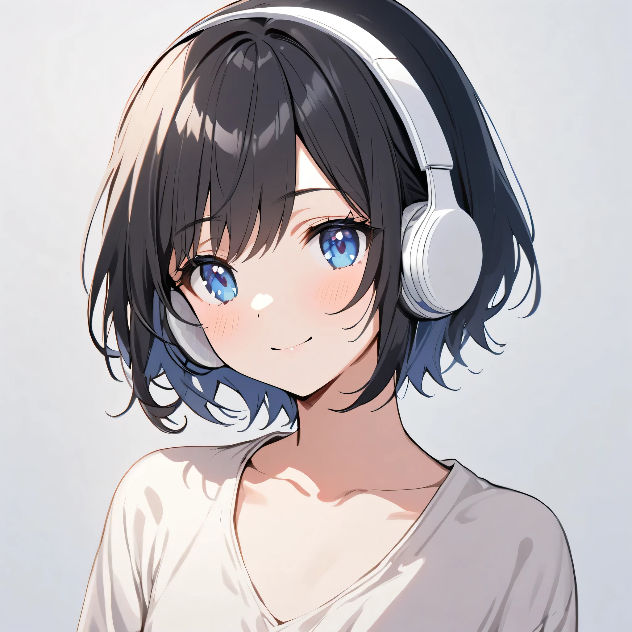 beautiful 1girl, solo, gentle smile on her face flat chest, short hair, black hair, beautiful blue eyes, young, adult woman, blank background, while wearing wireless white headphones, face only