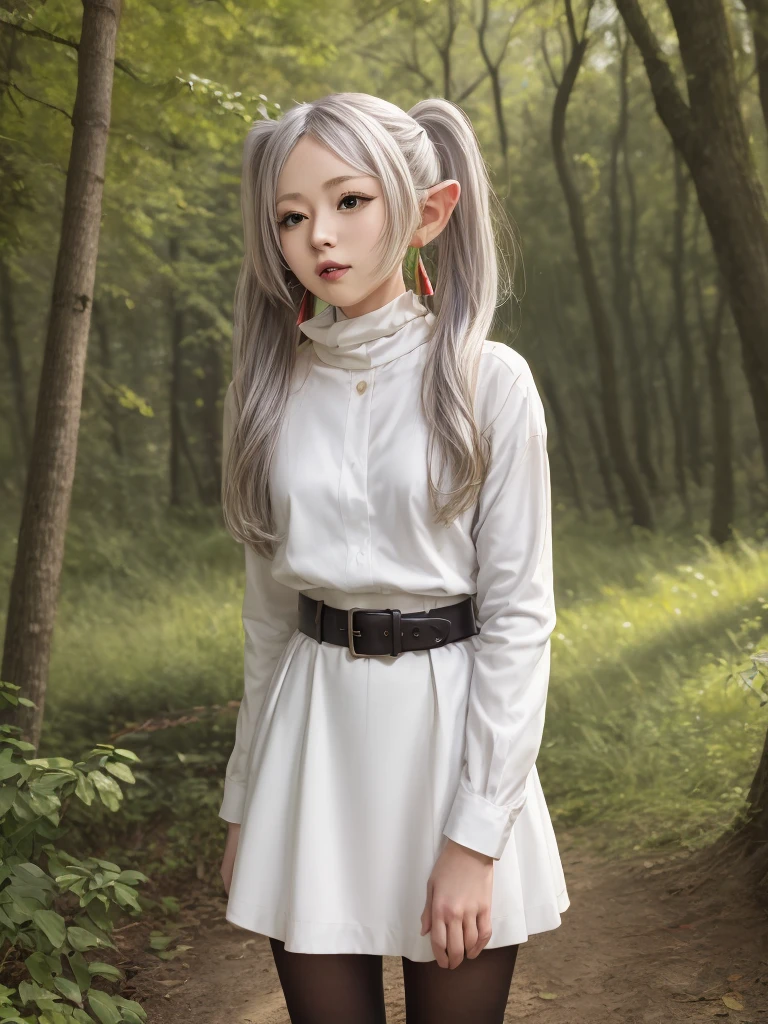 masterpiece, best quality, absurdres, 1girl, solo, FrierenBase, long hair, twintails, earrings, white capelet, striped shirt, horizontal stripes, long sleeves, belt, white skirt, gold-trim, black pantyhose, arms behind back, outdoors, forest, 